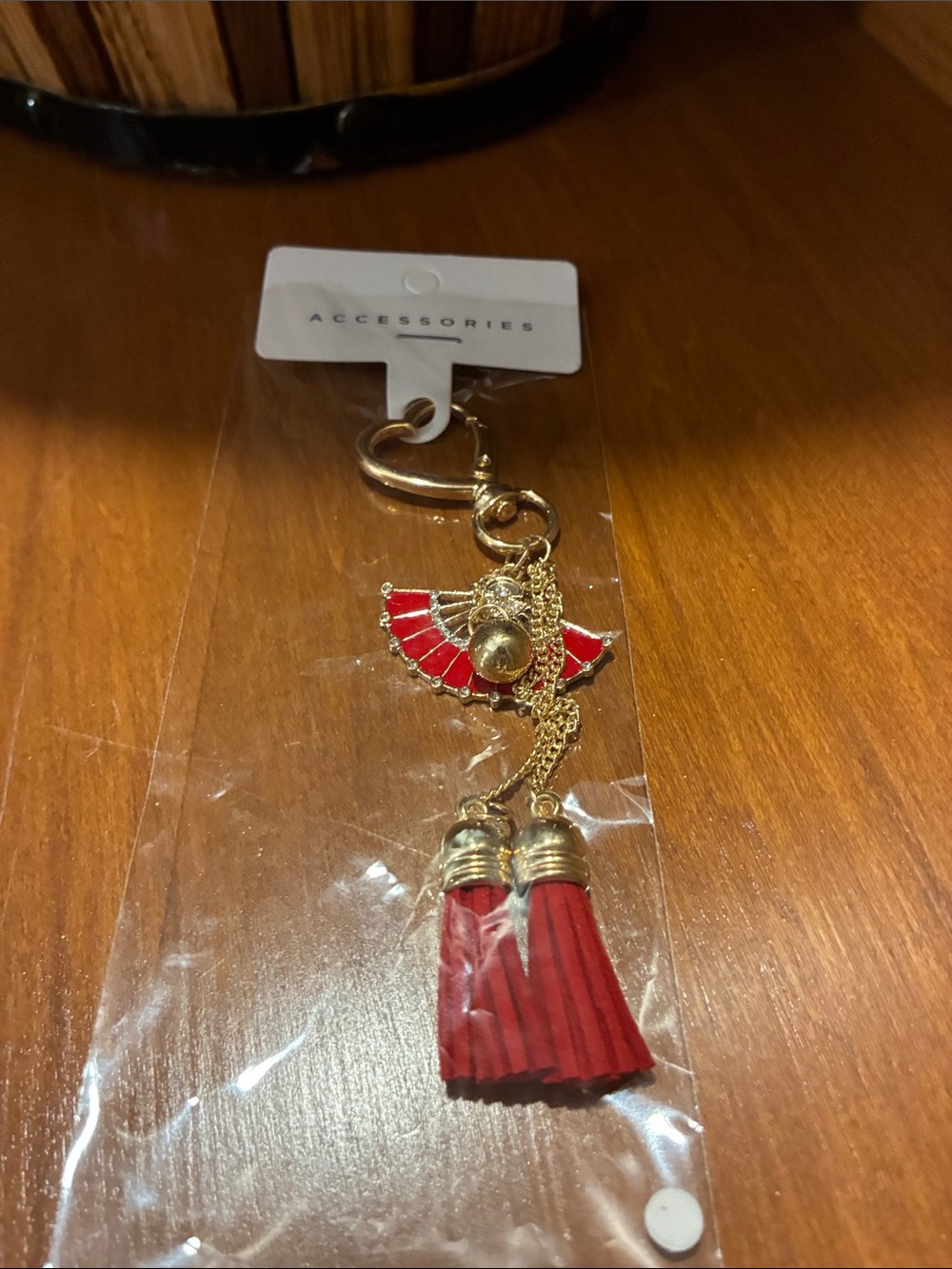 Accessorize Red Tassel Charm Key & Card Holder with Gold Hardware